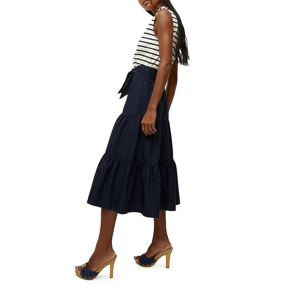 Veronica Beard NWT Pazila Mixed Media Navy Cream Stripe Tiered Midi Dress - Picture 2 of 16